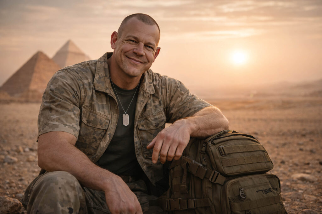 Dane Haunsby sitting in a desert landscape with pyramids visible in the background