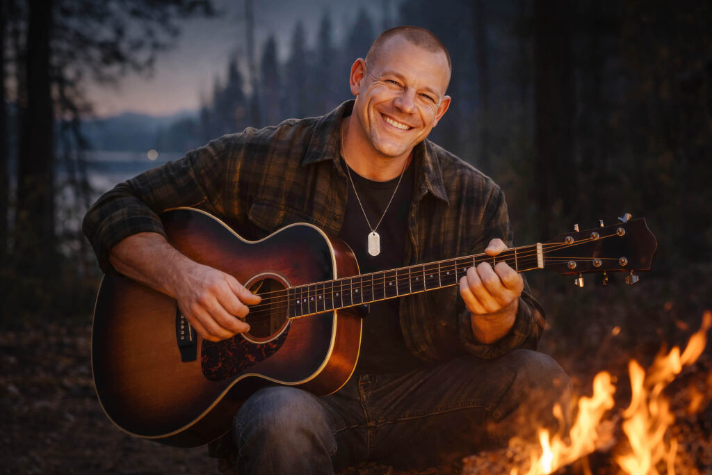 Dane Haunsby playing acoustic guitar by a campfire in the evening