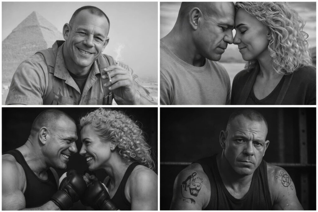 Black and white collage showing Dane Haunsby in boxing, portrait, and personal moments