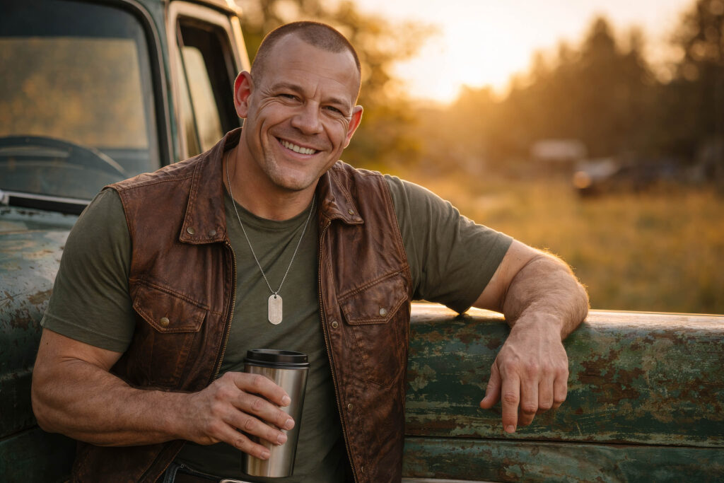 Dane Haunsby leaning on a pickup truck holding a coffee cup at sunset