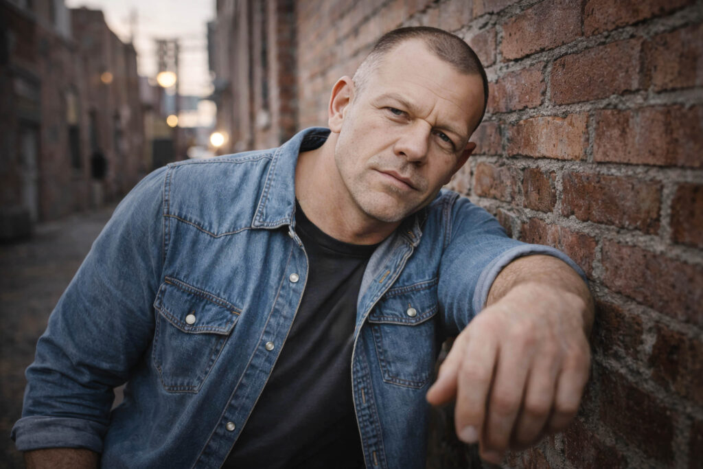 Dane Haunsby leaning against a brick wall in an urban alley, looking directly at the camera