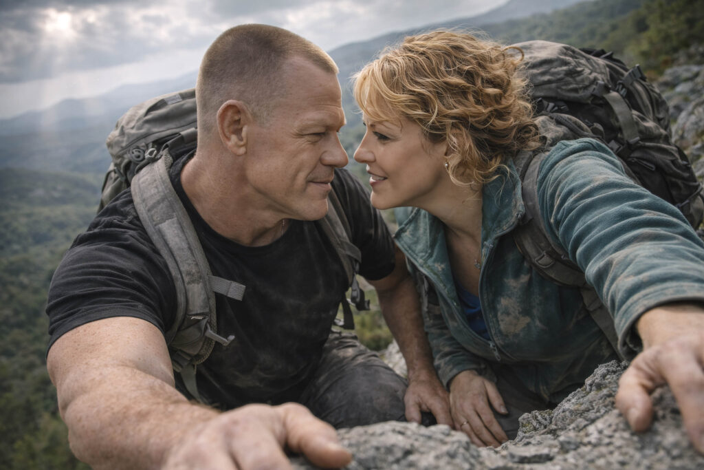 June and Dane Haunsby leaning toward each other while hiking in a mountainous landscape