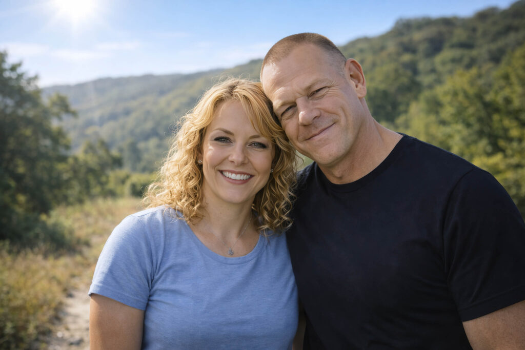 June and Dane Haunsby standing close together outdoors with a soft mountain landscape behind them