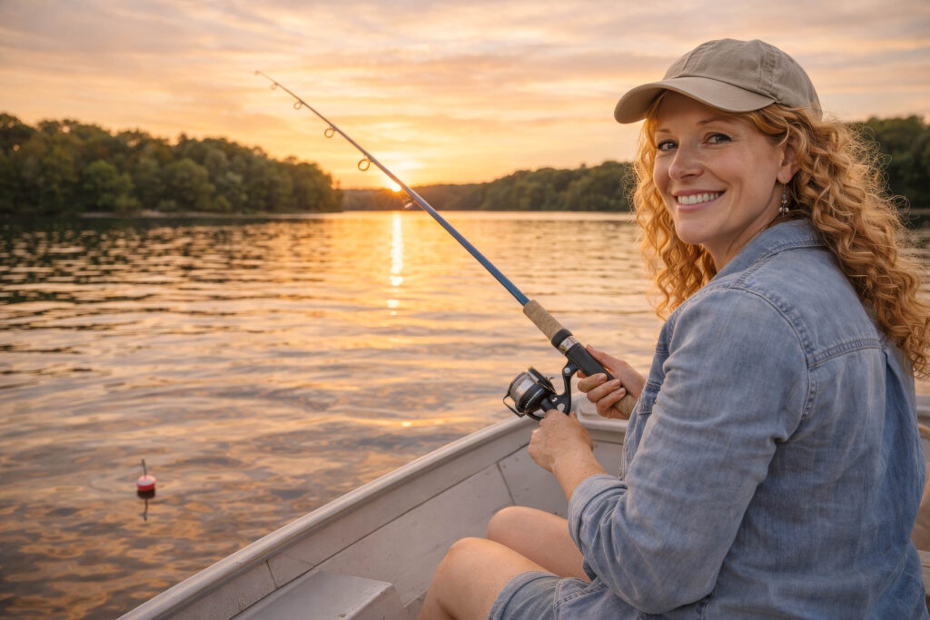 June Haunsby sitting in a boat while fishing on a calm lake at sunset