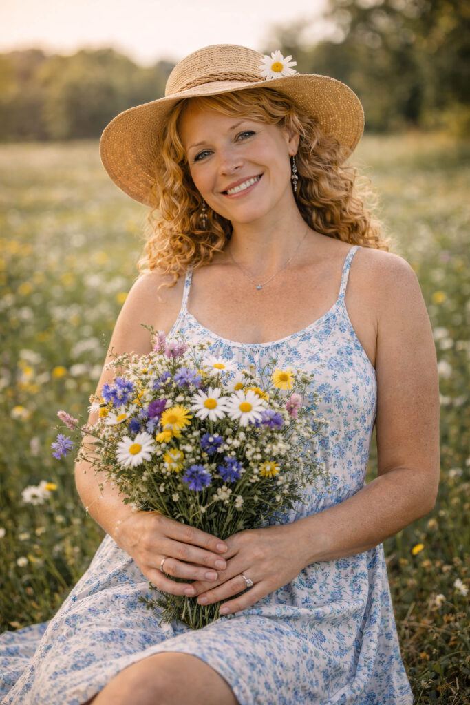 June Haunsby smiling in a summer field holding a bouquet of wildflowers