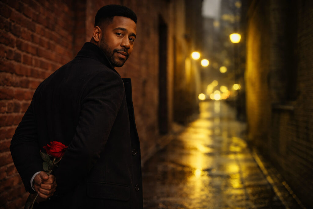 Cinematic portrait of Luca Haunsby holding a red rose in a city alley at night