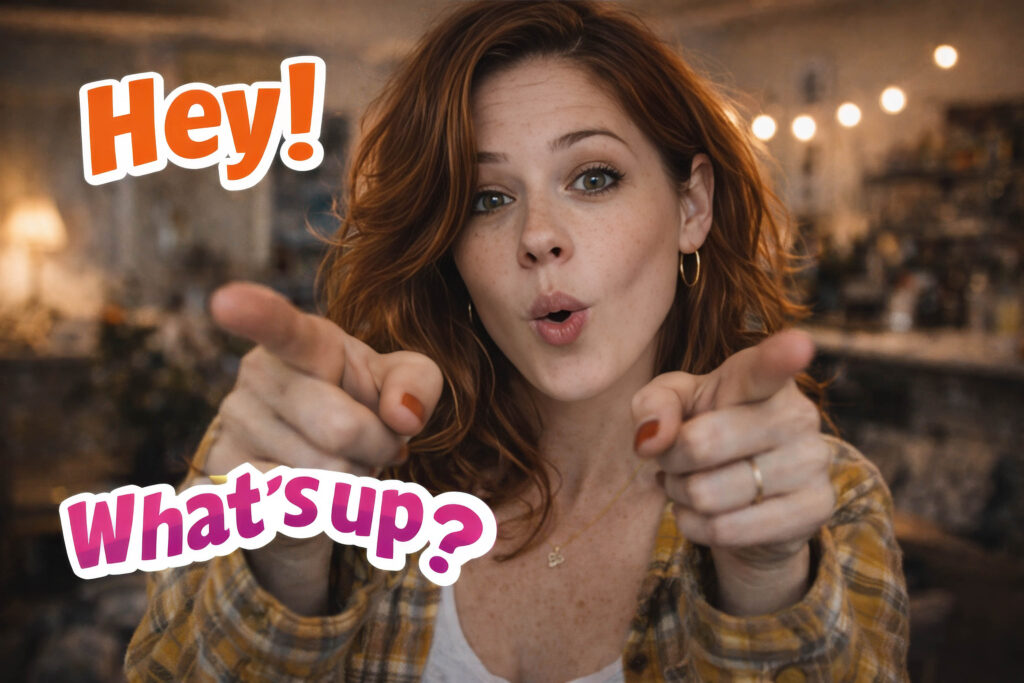 Nikki Haunsby pointing toward the camera with a playful expression in a relaxed indoor setting