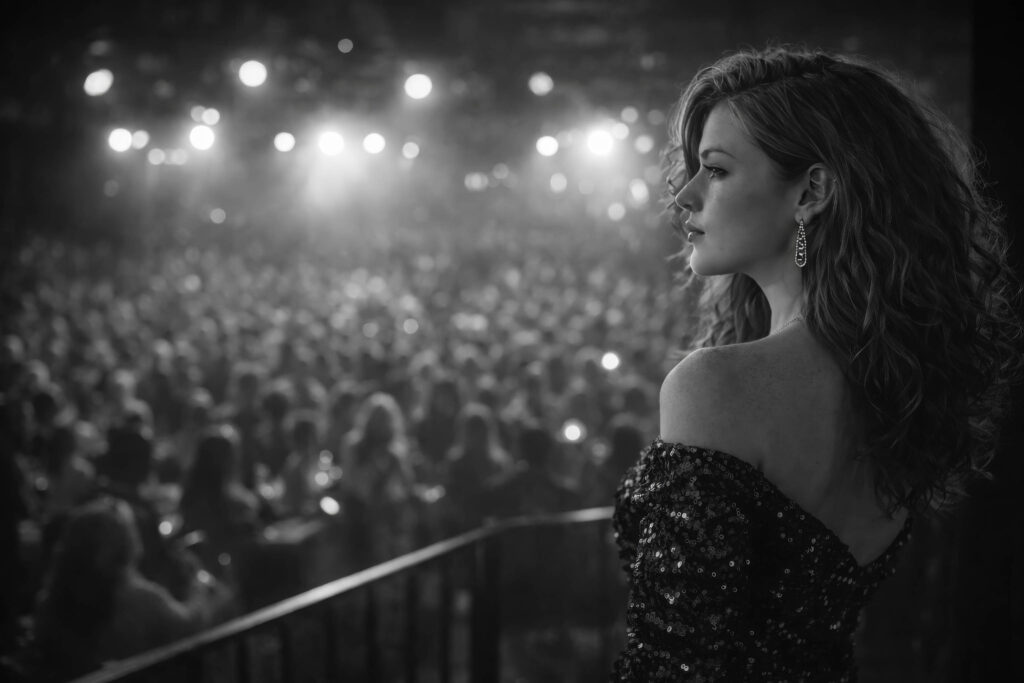 Nikki Haunsby standing on stage, looking out over a large audience during a live performance