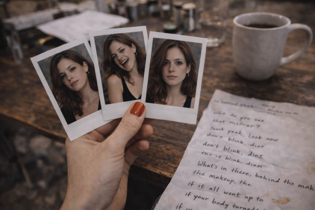Hand holding Polaroid portraits of Nikki Haunsby beside handwritten lyrics on a wooden table