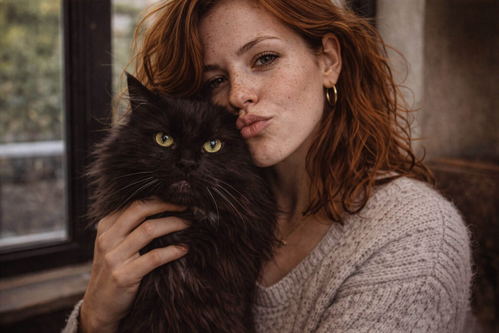 Nikki Haunsby holding a black cat close to her face in a relaxed indoor setting