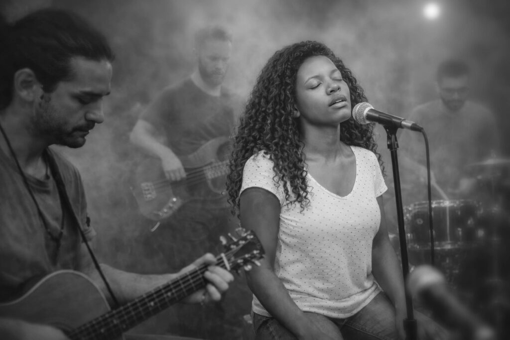Zaya Haunsby singing live with a band in a smoky performance setting