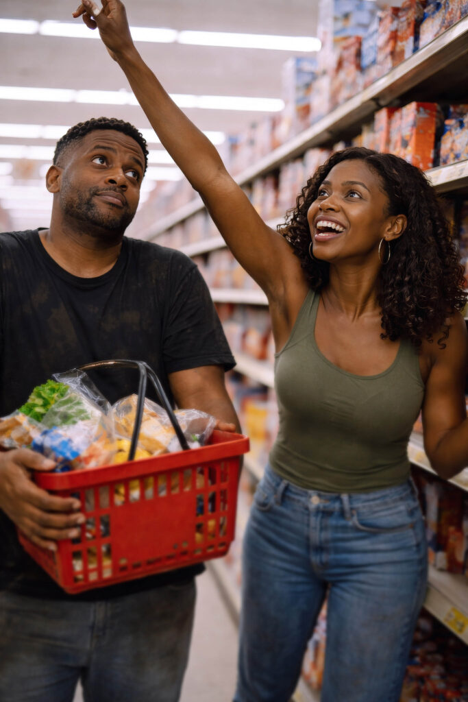 Zaya Haunsby reaching for an item in a grocery store while Luca Haunsby looks on playfully