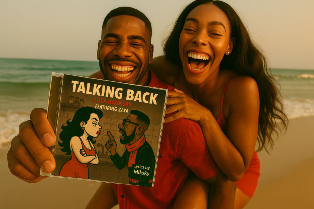 Smiling couple at the beach holding the album cover “Talking Back” by Luca Haunsby featuring Zaya, showing illustrated artwork of a man and woman in an animated argument.