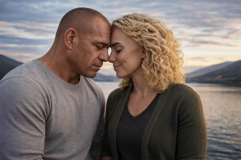 A close, intimate portrait of June Haunsby and Dane Haunsby standing forehead to forehead by a calm lake at sunset, with mountains and soft clouds in the background.