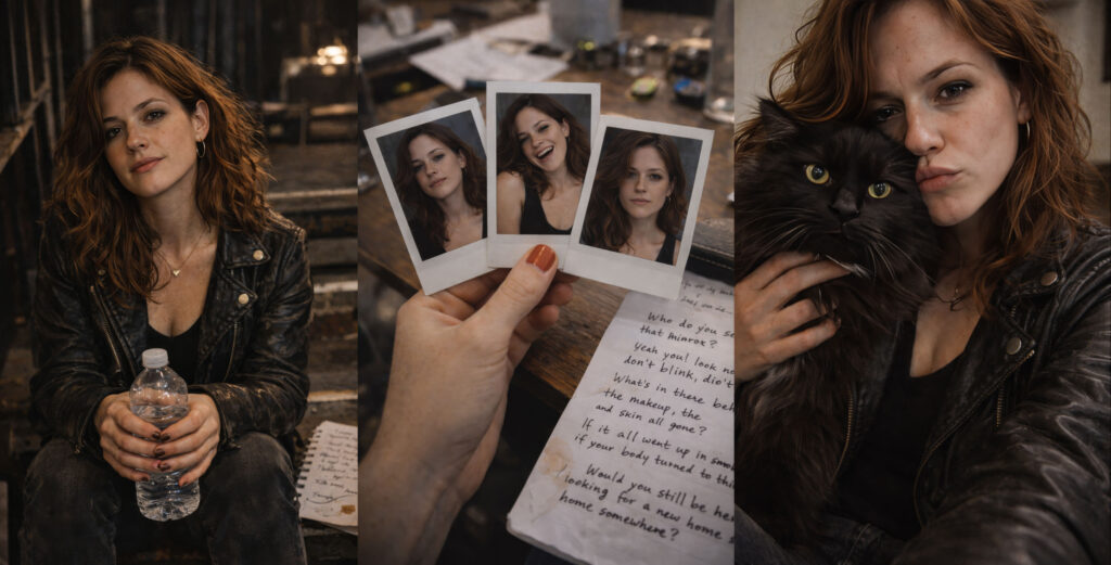 A triptych-style portrait of Nikki Haunsby backstage, including a seated portrait holding a water bottle, a hand holding three instant photos of her with different expressions, and a close selfie of Nikki Haunsby holding a black cat.