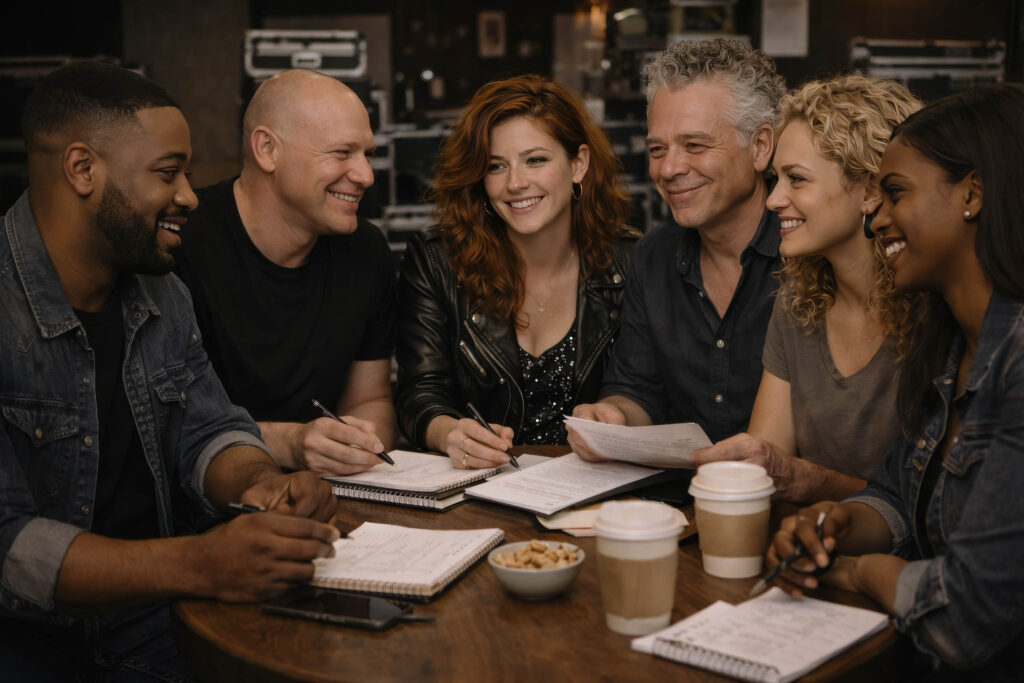 Mekel Haunsby in discussion with collaborators around a table, reviewing notes and ideas in a creative studio setting
