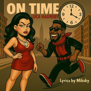 VizioNizer album cover for On Time by Luca Haunsby featuring time symbolism and illustrated characters