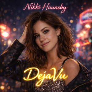 VizioNizer album cover for Deja Vu by Nikki Haunsby with cinematic portrait and neon typography